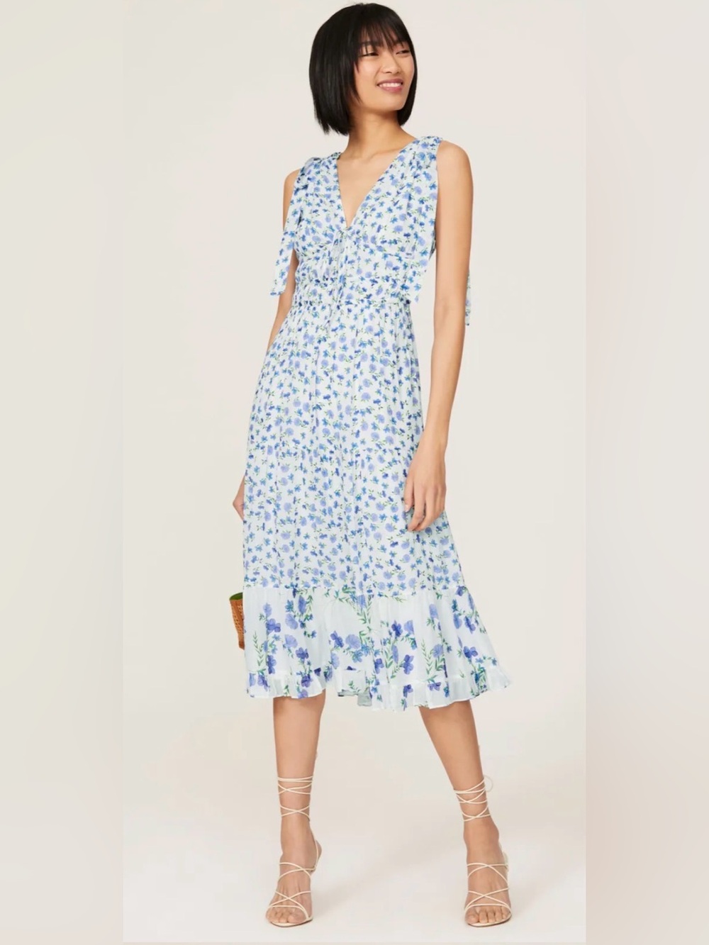 Shoshanna Helena Floral Tie-Sleeve V-Neck Midi Dress - Blue size 8 - Picture 4 of 15